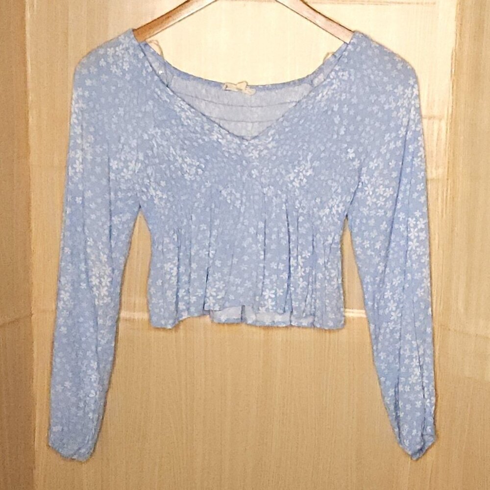 L.A. Hearts Womens Blue Floral Cropped Long Sleeve Blouse Shirred Back Blouse...